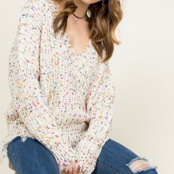 Confetti Frayed Long Sleeve V Neck Sweater - Picture 2 of 4